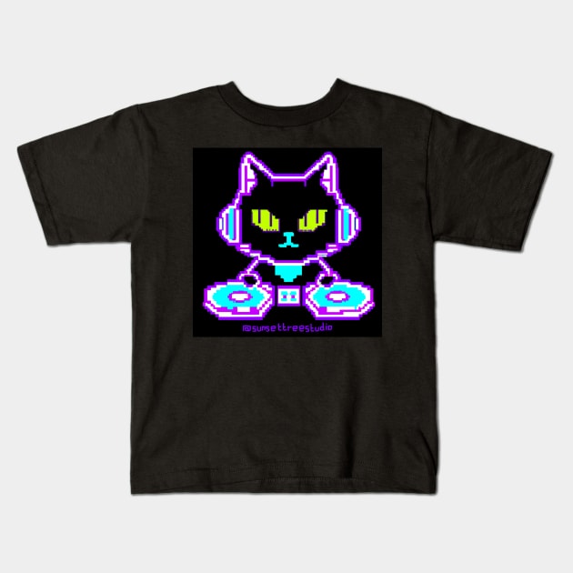 Neon Pixel Cat DJ Kids T-Shirt by Sunsettreestudio